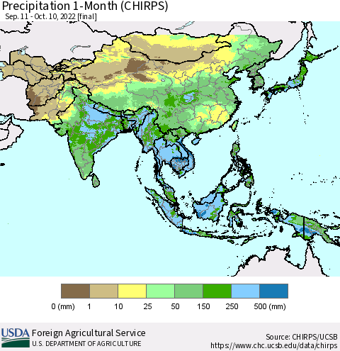 Asia Precipitation 1-Month (CHIRPS) Thematic Map For 9/11/2022 - 10/10/2022