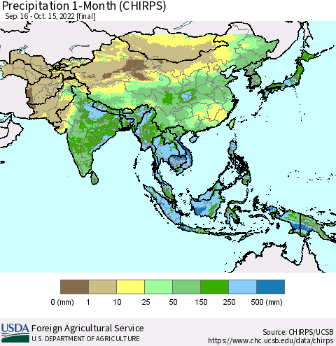 Asia Precipitation 1-Month (CHIRPS) Thematic Map For 9/16/2022 - 10/15/2022