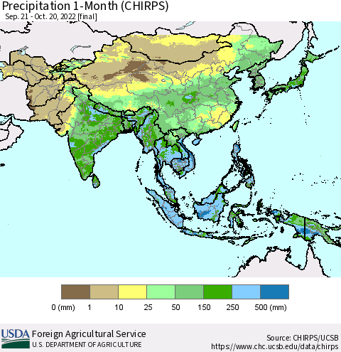 Asia Precipitation 1-Month (CHIRPS) Thematic Map For 9/21/2022 - 10/20/2022