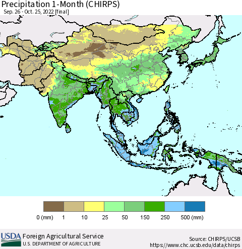 Asia Precipitation 1-Month (CHIRPS) Thematic Map For 9/26/2022 - 10/25/2022