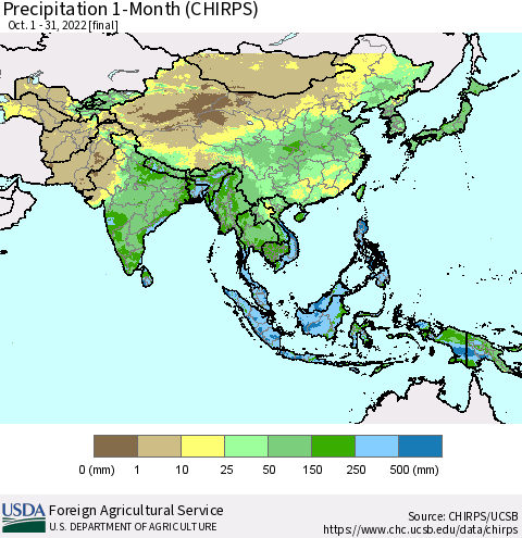 Asia Precipitation 1-Month (CHIRPS) Thematic Map For 10/1/2022 - 10/31/2022