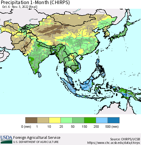 Asia Precipitation 1-Month (CHIRPS) Thematic Map For 10/6/2022 - 11/5/2022