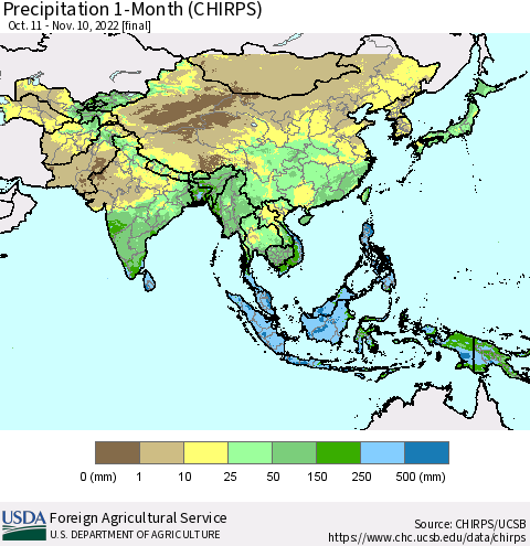 Asia Precipitation 1-Month (CHIRPS) Thematic Map For 10/11/2022 - 11/10/2022