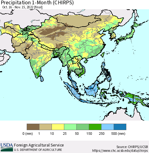 Asia Precipitation 1-Month (CHIRPS) Thematic Map For 10/16/2022 - 11/15/2022
