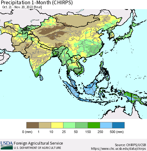 Asia Precipitation 1-Month (CHIRPS) Thematic Map For 10/21/2022 - 11/20/2022