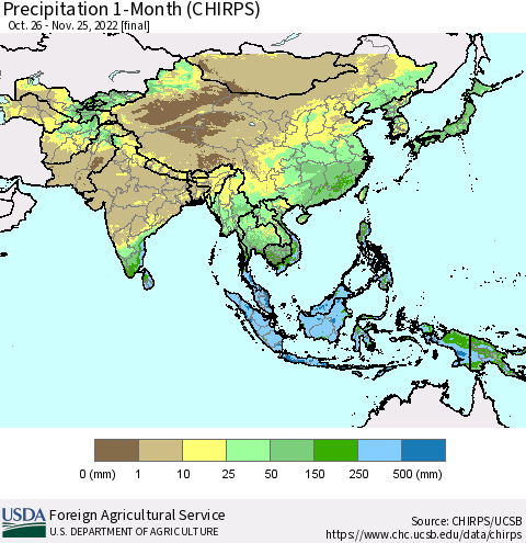 Asia Precipitation 1-Month (CHIRPS) Thematic Map For 10/26/2022 - 11/25/2022