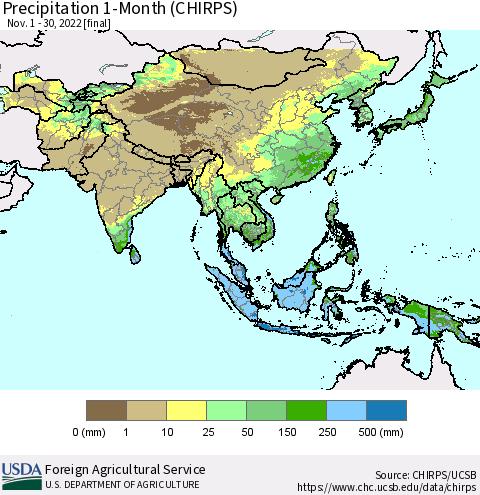 Asia Precipitation 1-Month (CHIRPS) Thematic Map For 11/1/2022 - 11/30/2022