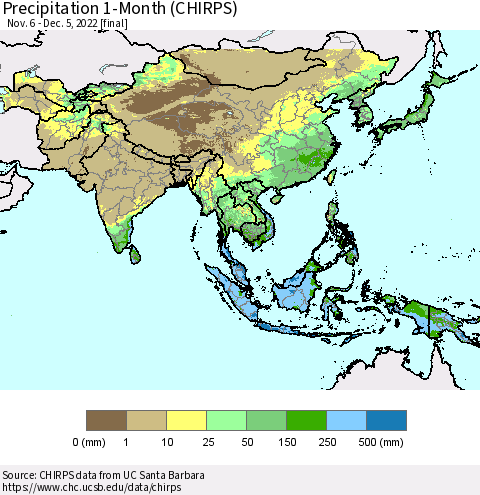 Asia Precipitation 1-Month (CHIRPS) Thematic Map For 11/6/2022 - 12/5/2022