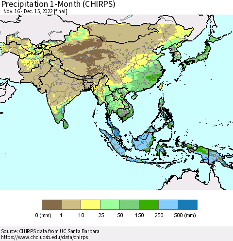 Asia Precipitation 1-Month (CHIRPS) Thematic Map For 11/16/2022 - 12/15/2022