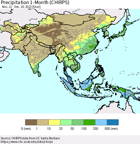 Asia Precipitation 1-Month (CHIRPS) Thematic Map For 11/21/2022 - 12/20/2022
