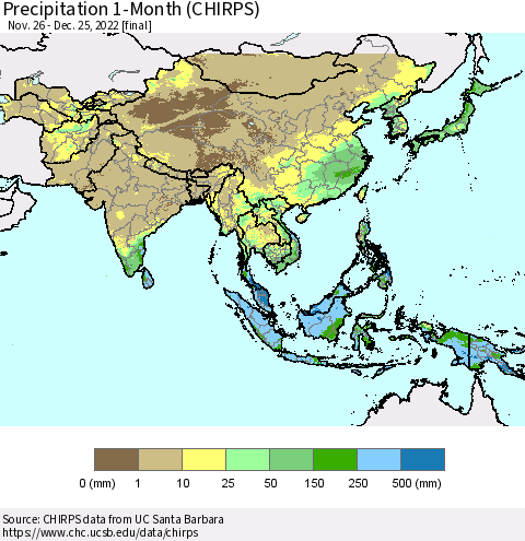 Asia Precipitation 1-Month (CHIRPS) Thematic Map For 11/26/2022 - 12/25/2022