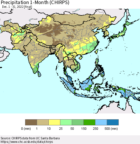 Asia Precipitation 1-Month (CHIRPS) Thematic Map For 12/1/2022 - 12/31/2022