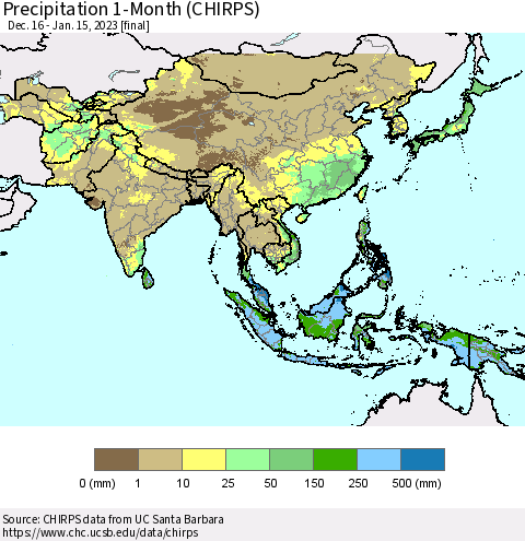 Asia Precipitation 1-Month (CHIRPS) Thematic Map For 12/16/2022 - 1/15/2023
