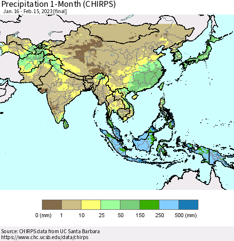 Asia Precipitation 1-Month (CHIRPS) Thematic Map For 1/16/2023 - 2/15/2023