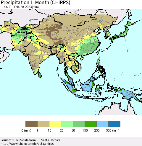 Asia Precipitation 1-Month (CHIRPS) Thematic Map For 1/21/2023 - 2/20/2023