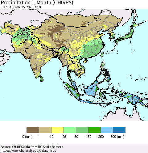 Asia Precipitation 1-Month (CHIRPS) Thematic Map For 1/26/2023 - 2/25/2023