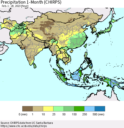 Asia Precipitation 1-Month (CHIRPS) Thematic Map For 2/1/2023 - 2/28/2023
