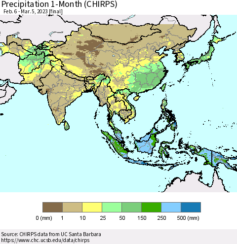 Asia Precipitation 1-Month (CHIRPS) Thematic Map For 2/6/2023 - 3/5/2023