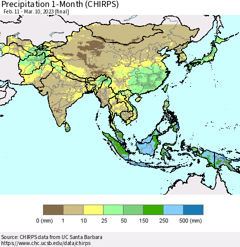 Asia Precipitation 1-Month (CHIRPS) Thematic Map For 2/11/2023 - 3/10/2023