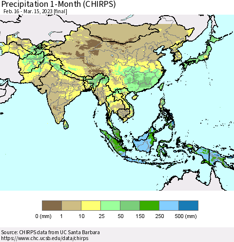 Asia Precipitation 1-Month (CHIRPS) Thematic Map For 2/16/2023 - 3/15/2023