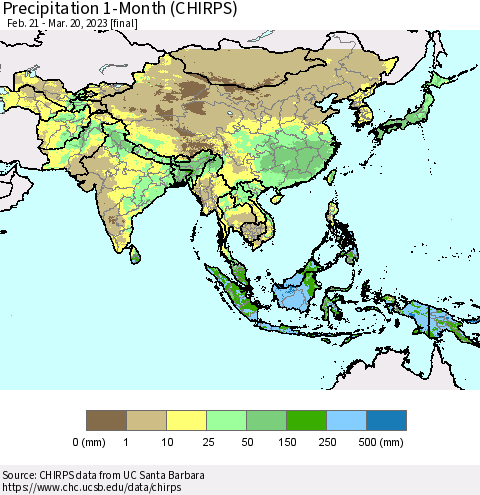 Asia Precipitation 1-Month (CHIRPS) Thematic Map For 2/21/2023 - 3/20/2023