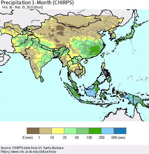 Asia Precipitation 1-Month (CHIRPS) Thematic Map For 2/26/2023 - 3/25/2023