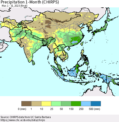 Asia Precipitation 1-Month (CHIRPS) Thematic Map For 3/1/2023 - 3/31/2023