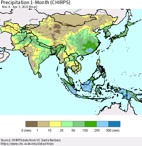 Asia Precipitation 1-Month (CHIRPS) Thematic Map For 3/6/2023 - 4/5/2023
