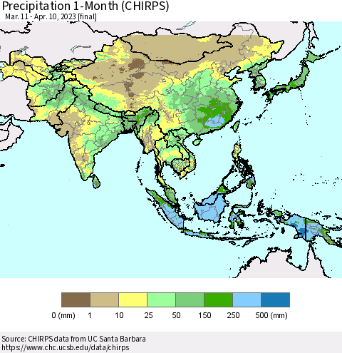 Asia Precipitation 1-Month (CHIRPS) Thematic Map For 3/11/2023 - 4/10/2023