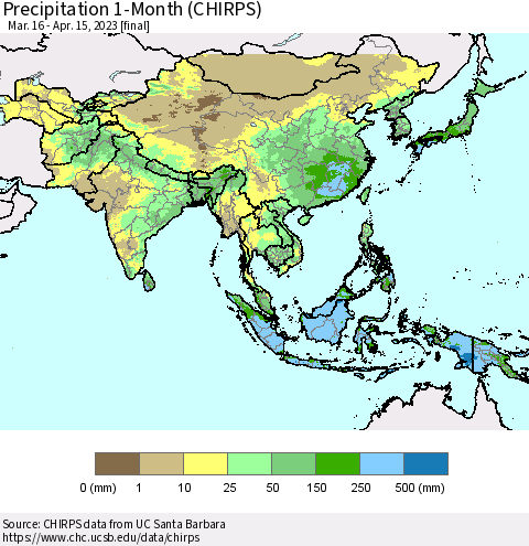 Asia Precipitation 1-Month (CHIRPS) Thematic Map For 3/16/2023 - 4/15/2023