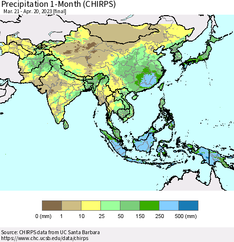 Asia Precipitation 1-Month (CHIRPS) Thematic Map For 3/21/2023 - 4/20/2023