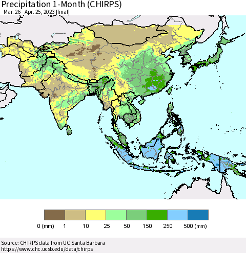 Asia Precipitation 1-Month (CHIRPS) Thematic Map For 3/26/2023 - 4/25/2023