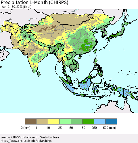 Asia Precipitation 1-Month (CHIRPS) Thematic Map For 4/1/2023 - 4/30/2023