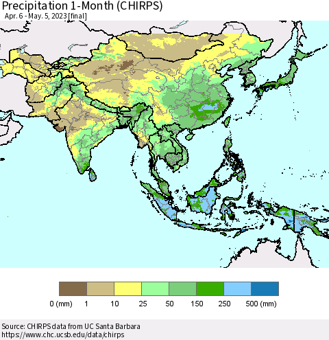 Asia Precipitation 1-Month (CHIRPS) Thematic Map For 4/6/2023 - 5/5/2023