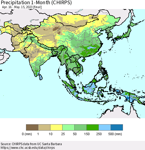 Asia Precipitation 1-Month (CHIRPS) Thematic Map For 4/16/2023 - 5/15/2023