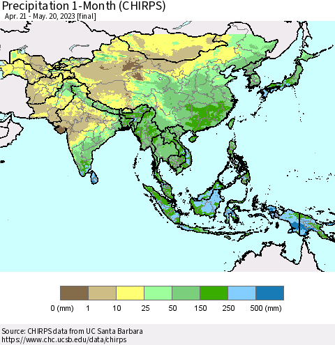 Asia Precipitation 1-Month (CHIRPS) Thematic Map For 4/21/2023 - 5/20/2023