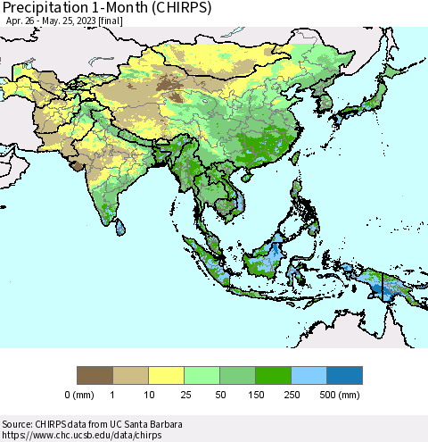 Asia Precipitation 1-Month (CHIRPS) Thematic Map For 4/26/2023 - 5/25/2023