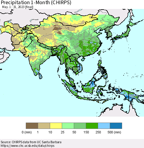 Asia Precipitation 1-Month (CHIRPS) Thematic Map For 5/1/2023 - 5/31/2023