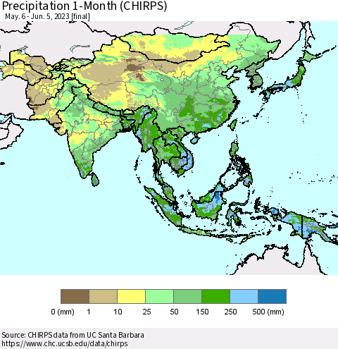Asia Precipitation 1-Month (CHIRPS) Thematic Map For 5/6/2023 - 6/5/2023