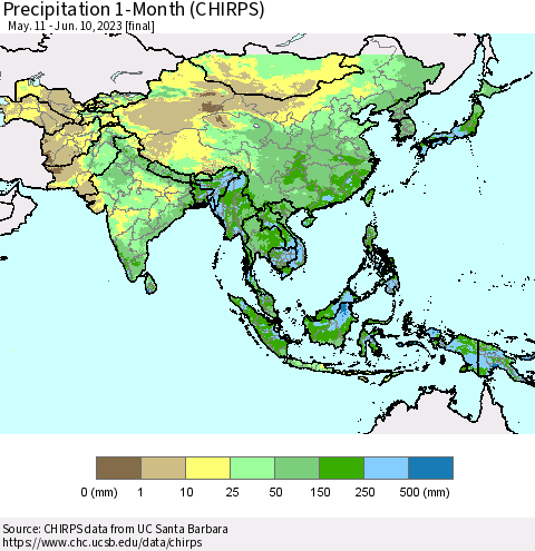 Asia Precipitation 1-Month (CHIRPS) Thematic Map For 5/11/2023 - 6/10/2023