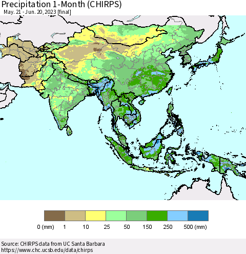 Asia Precipitation 1-Month (CHIRPS) Thematic Map For 5/21/2023 - 6/20/2023