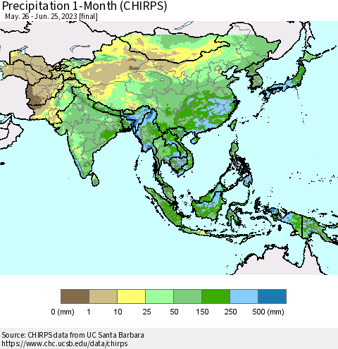 Asia Precipitation 1-Month (CHIRPS) Thematic Map For 5/26/2023 - 6/25/2023
