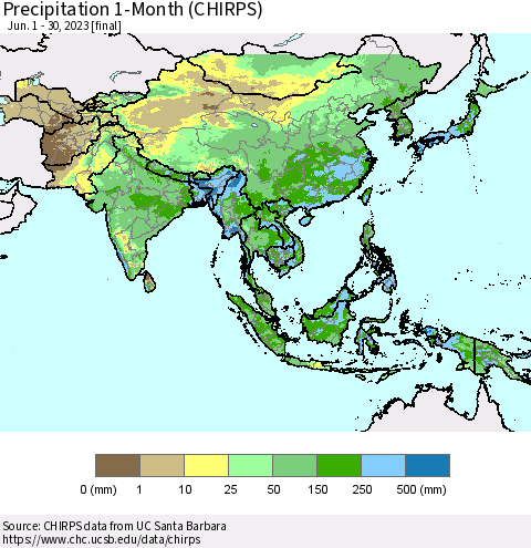 Asia Precipitation 1-Month (CHIRPS) Thematic Map For 6/1/2023 - 6/30/2023