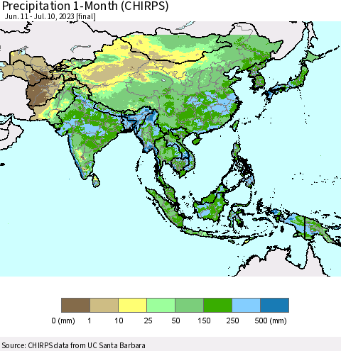 Asia Precipitation 1-Month (CHIRPS) Thematic Map For 6/11/2023 - 7/10/2023