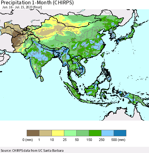 Asia Precipitation 1-Month (CHIRPS) Thematic Map For 6/16/2023 - 7/15/2023