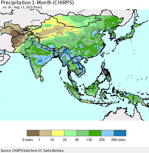 Asia Precipitation 1-Month (CHIRPS) Thematic Map For 7/16/2023 - 8/15/2023