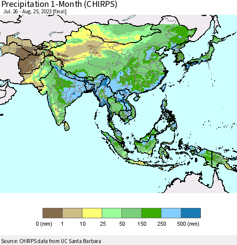 Asia Precipitation 1-Month (CHIRPS) Thematic Map For 7/26/2023 - 8/25/2023
