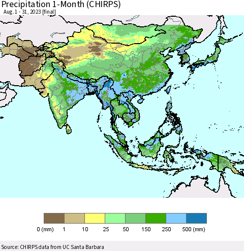 Asia Precipitation 1-Month (CHIRPS) Thematic Map For 8/1/2023 - 8/31/2023
