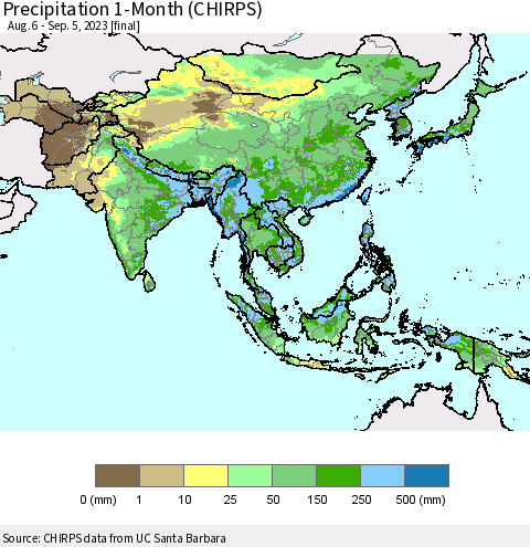 Asia Precipitation 1-Month (CHIRPS) Thematic Map For 8/6/2023 - 9/5/2023