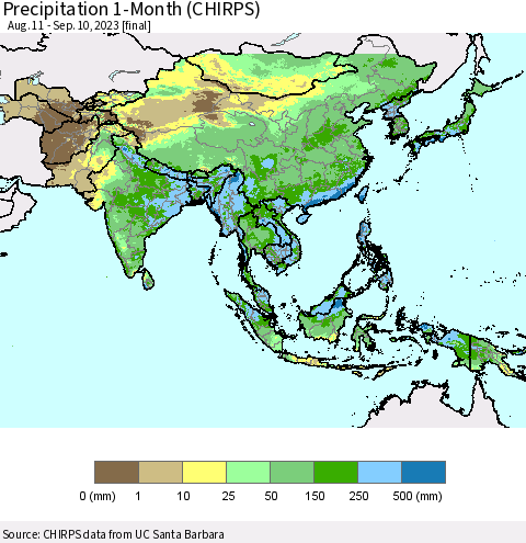 Asia Precipitation 1-Month (CHIRPS) Thematic Map For 8/11/2023 - 9/10/2023